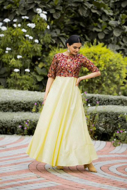 Yellow Tussar Satin Butti Modern And Ethnic Boat Neck Gown