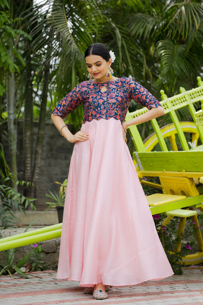 Pink Tussar Satin Butti Modern And Ethnic Boat Neck Gown