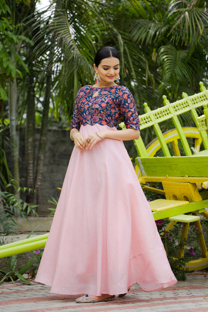 Pink Tussar Satin Butti Modern And Ethnic Boat Neck Gown