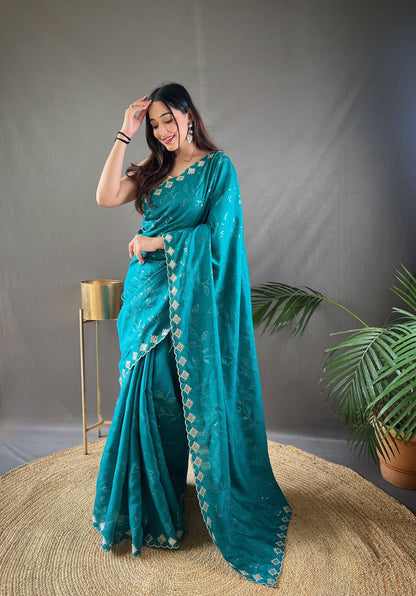 Teal Green Color Floral Embroidered Silk Blend Saree