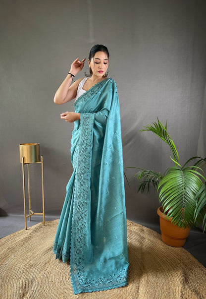 Sky Pure Matka Silk Soft Saree with Motifs and Cutwork Border