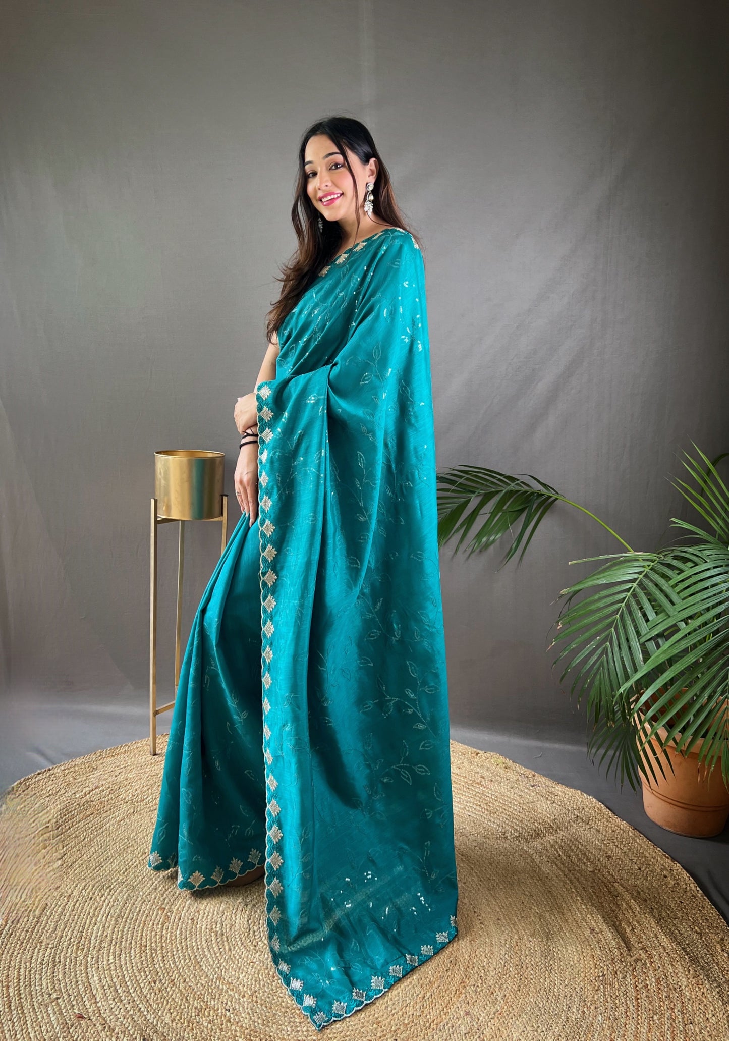 Teal Green Color Floral Embroidered Silk Blend Saree