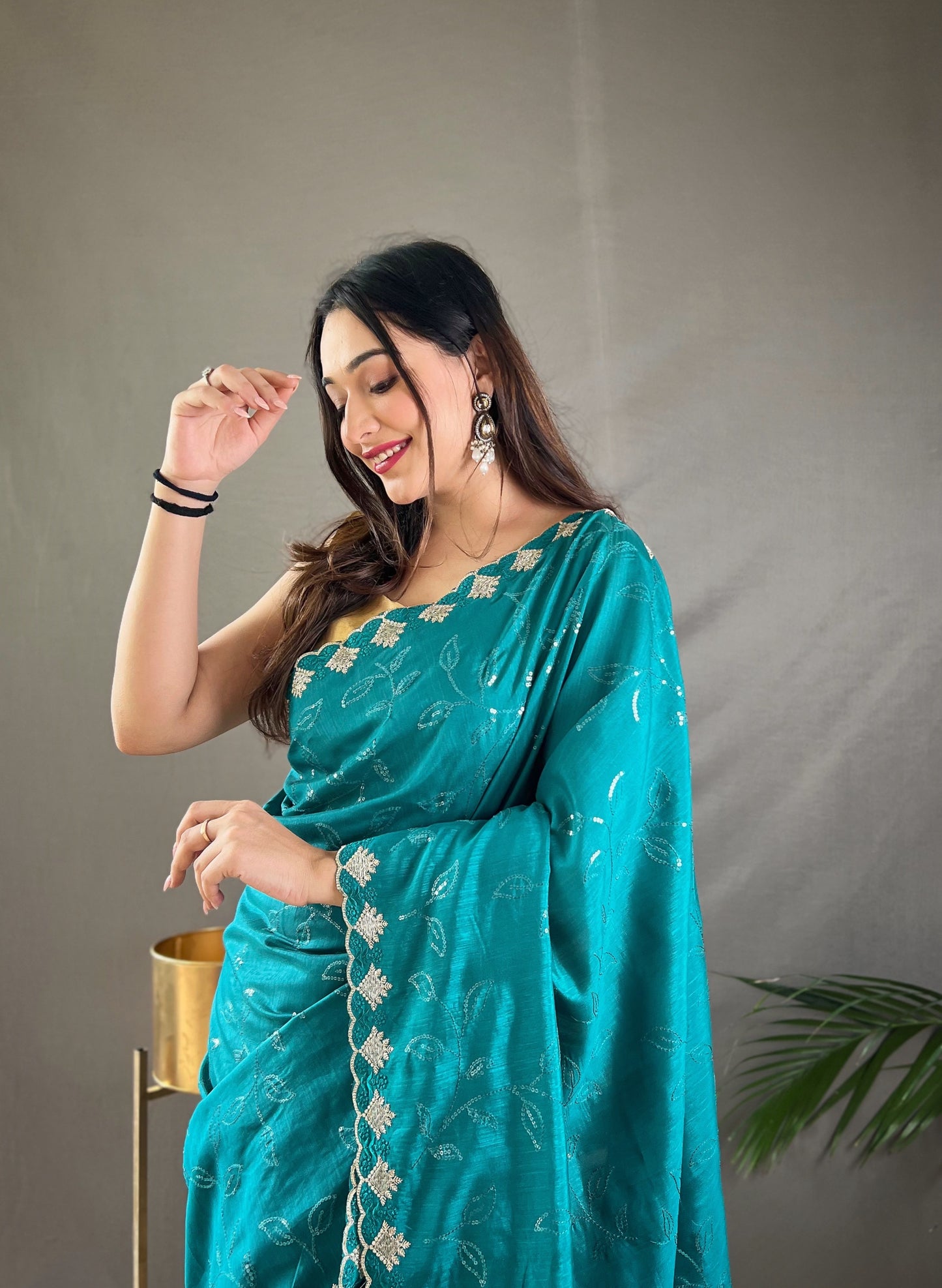 Teal Green Color Floral Embroidered Silk Blend Saree