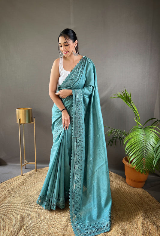 Sky Pure Matka Silk Soft Saree with Motifs and Cutwork Border