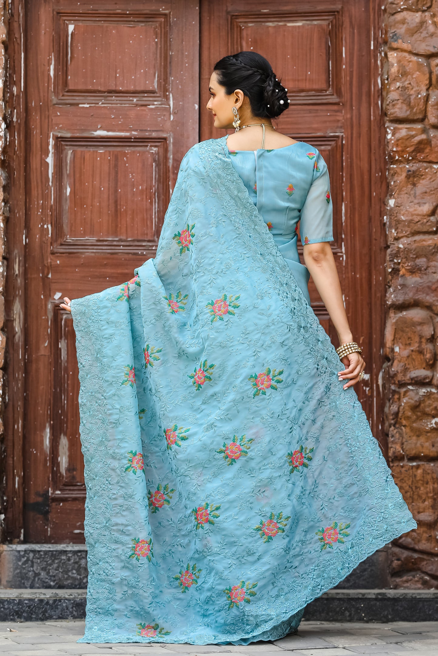 Sky Pure Shiny Zari Chiffon Saree With Beautiful Embroidory Work