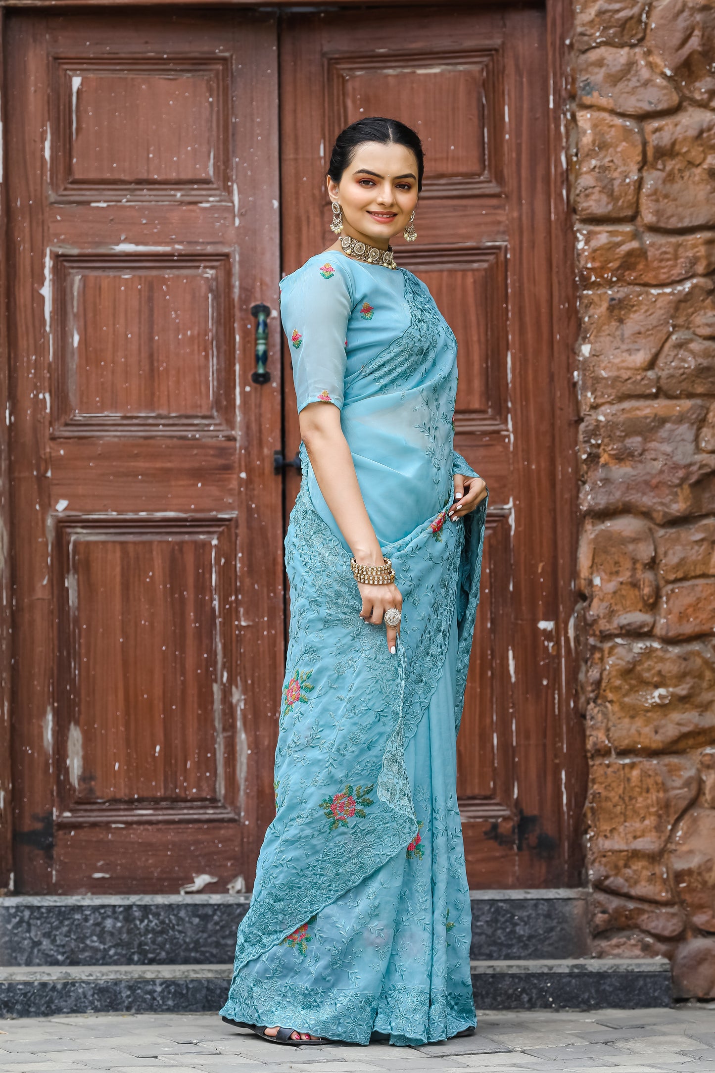 Sky Pure Shiny Zari Chiffon Saree With Beautiful Embroidory Work