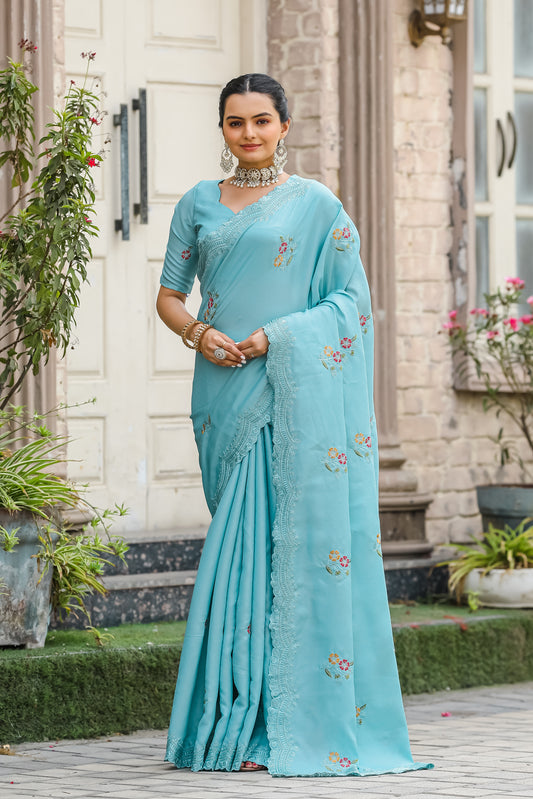 Sky Tussar Cotton Floral And Sequins Embroidery Work Saree