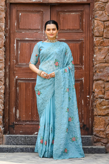 Sky Pure Shiny Zari Chiffon Saree With Beautiful Embroidory Work