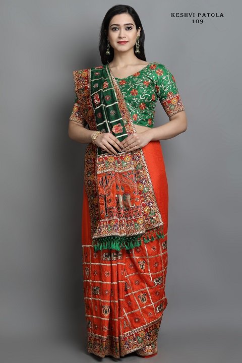 Patola Silk Saree | Orange, Green Color Panetar Wedding Saree | Doli Design Saree