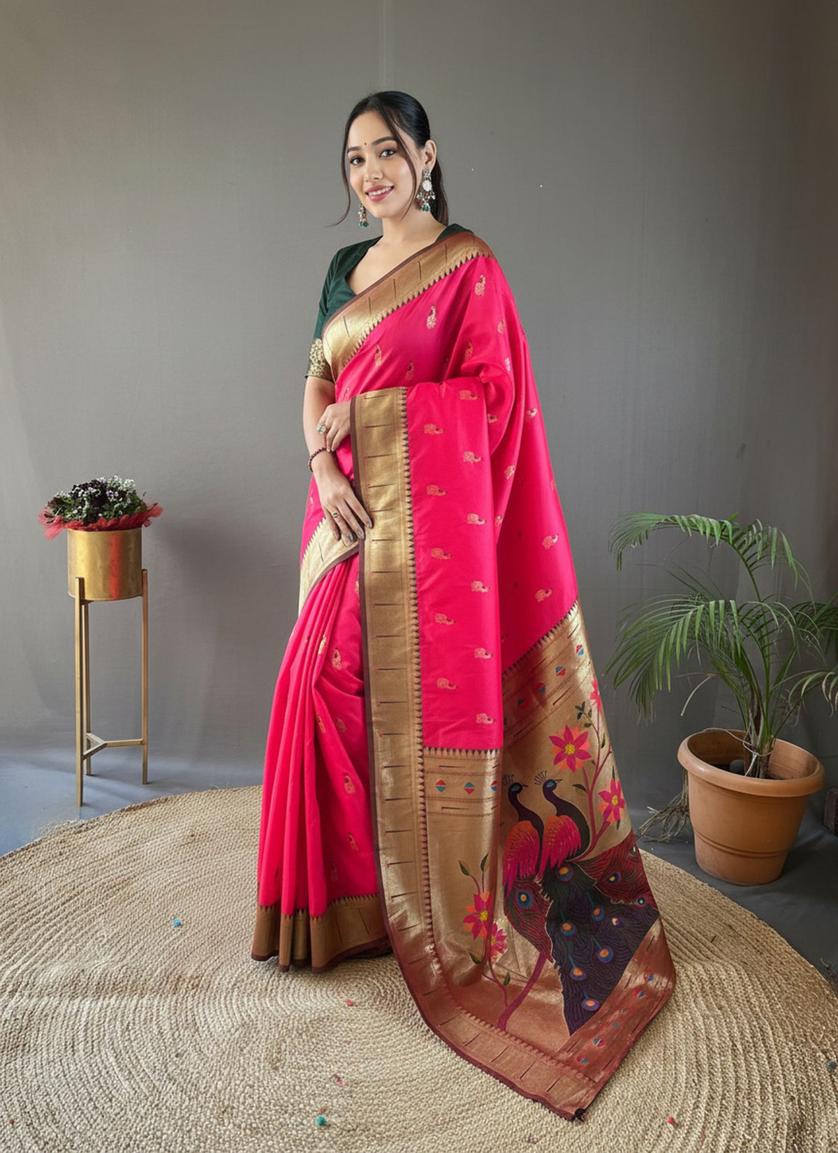 Rani Pink Woven Design Silk Blend Paithani Saree With Peacock Pallu & Zari Border