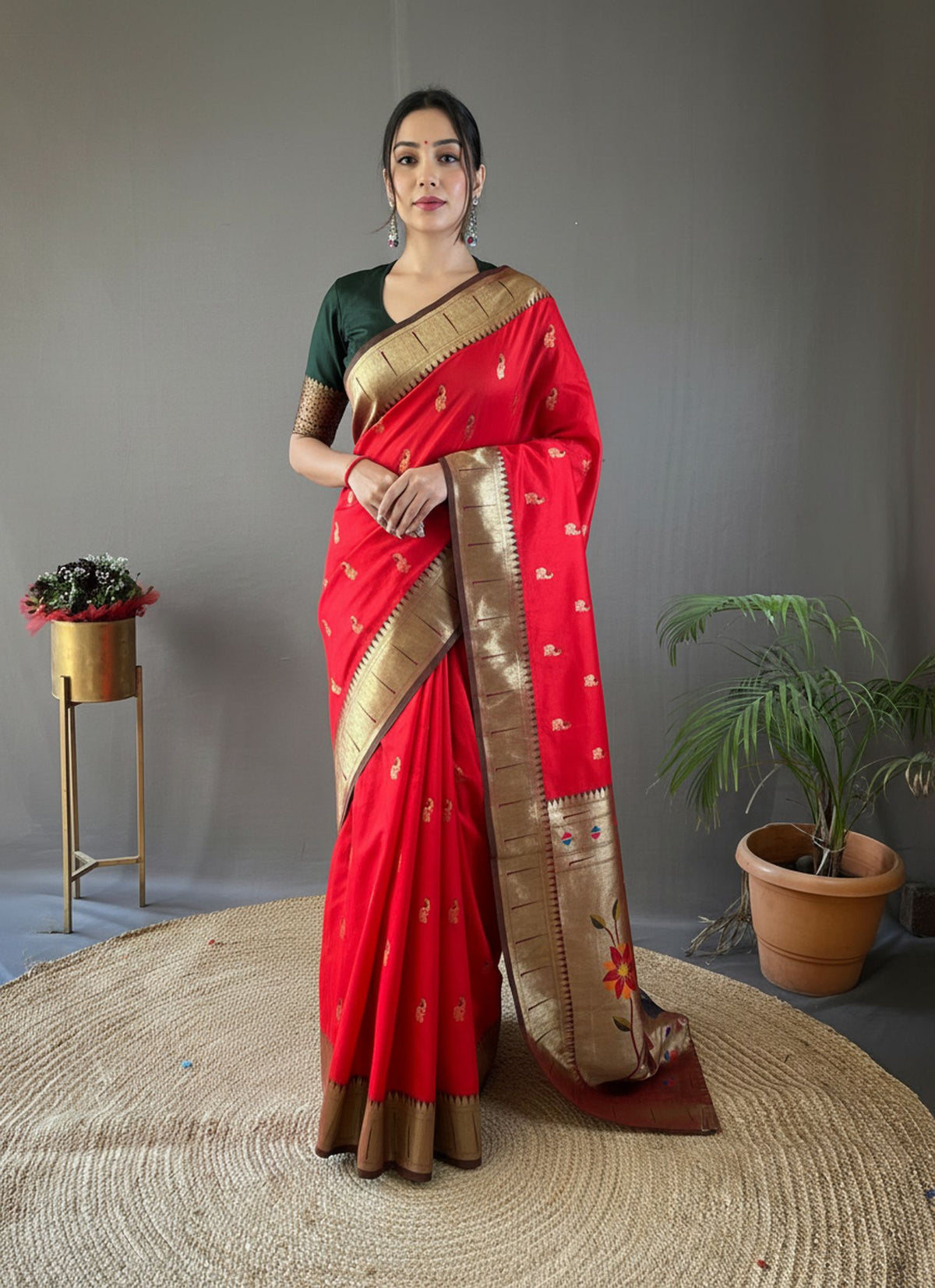 Classic Red Woven Design Silk Blend Paithani Saree With Antique Zari Border