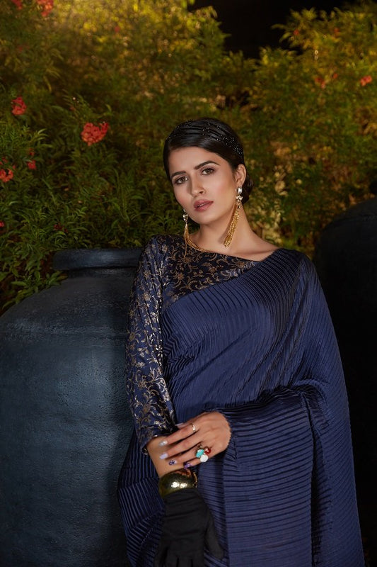 Navy Blue Foil Print With Plitting Work Party Wear Sarees