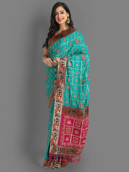 Rama Cobalt Blue And Pink Beautiful Designer Panetar Silk Saree