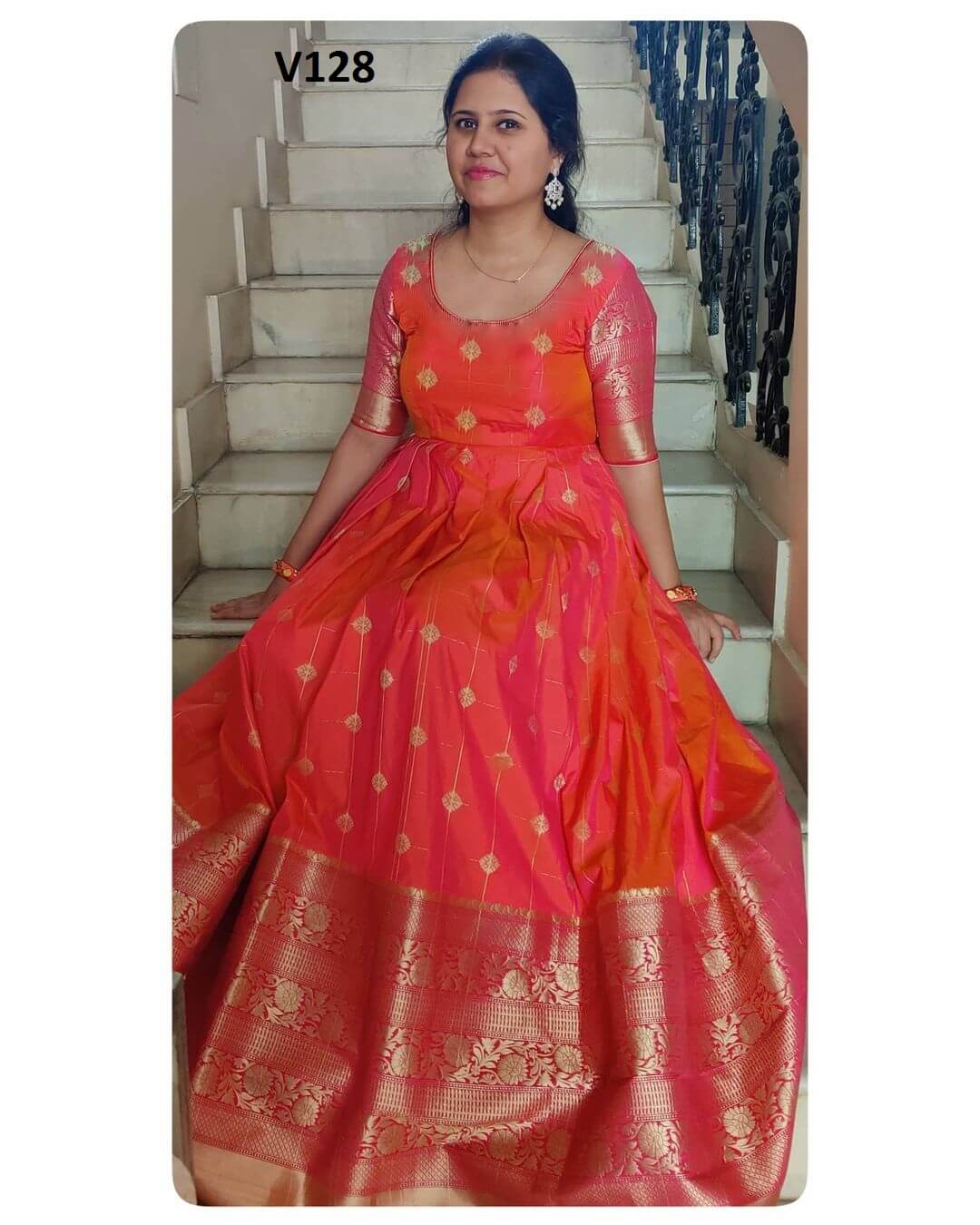 Orange Color Jacquard Gown With Butti And Border