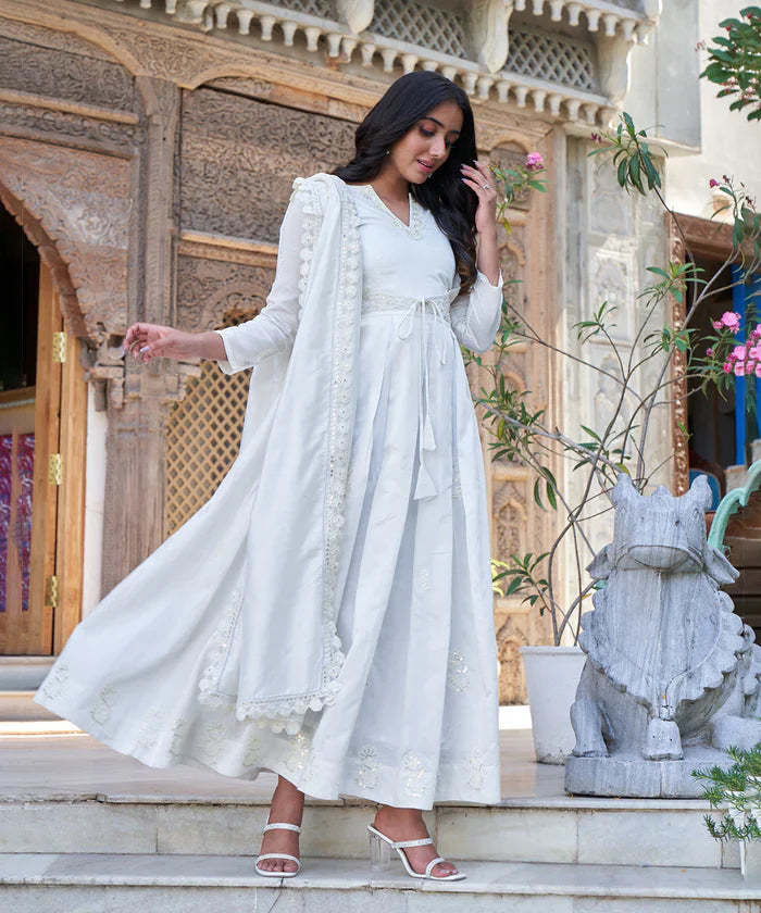 Elegant White Chanderi Suit Set With Dupatta