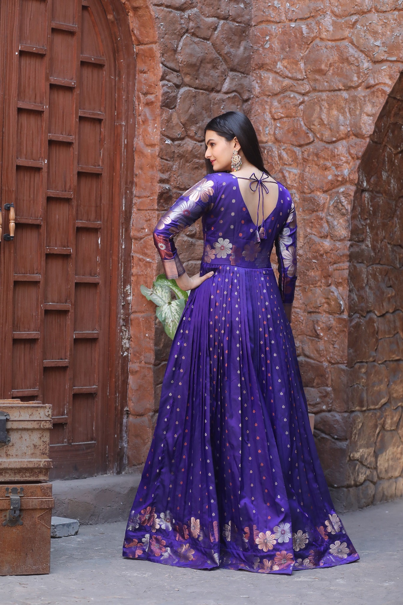 Purple Glorious Traditional Boat Neck And Banarasi Zari Weaving Sleeves Gown