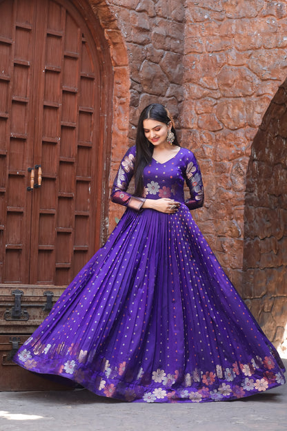 Purple Glorious Traditional Boat Neck And Banarasi Zari Weaving Sleeves Gown