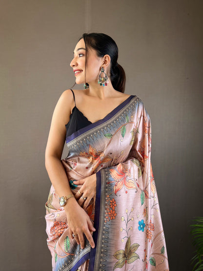 Voilet Printed Digital Kalamkari Saree