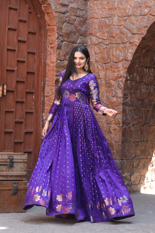 Purple Glorious Traditional Boat Neck And Banarasi Zari Weaving Sleeves Gown