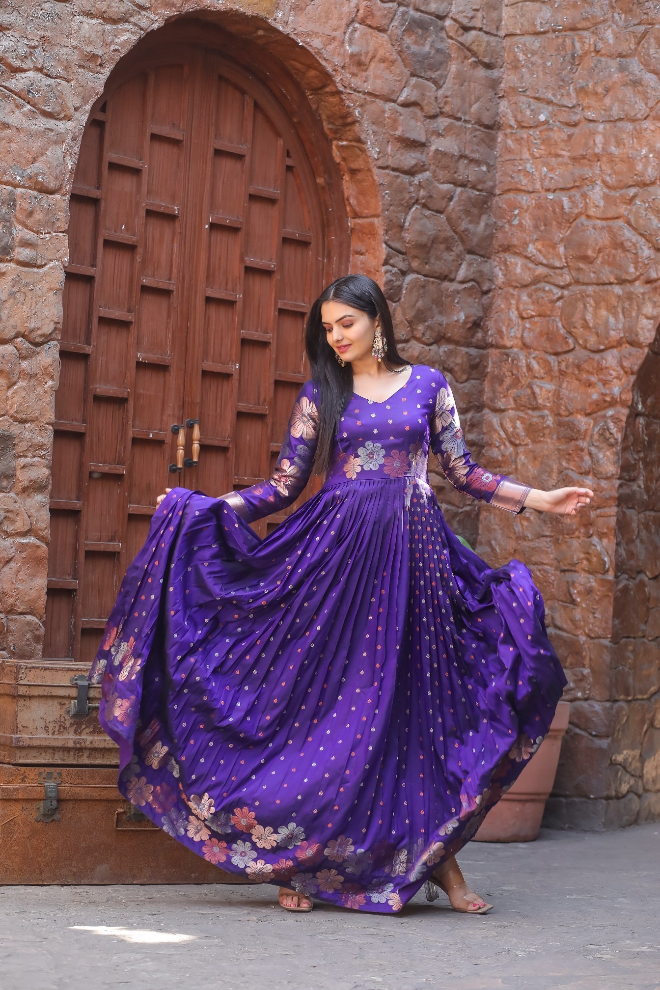 Purple Glorious Traditional Boat Neck And Banarasi Zari Weaving Sleeves Gown