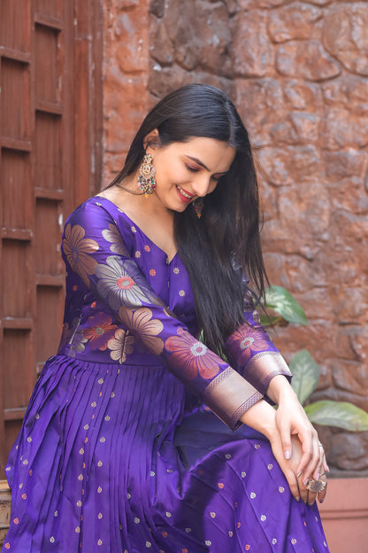 Purple Glorious Traditional Boat Neck And Banarasi Zari Weaving Sleeves Gown