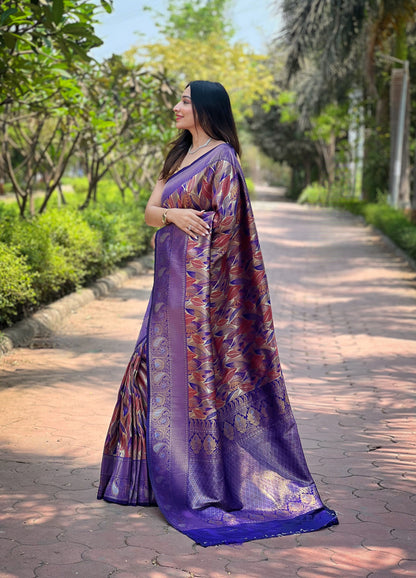 Violet Kanjivaram Silk Saree With Intricate Blouse Piece