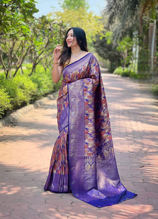 Violet Kanjivaram Silk Saree With Intricate Blouse Piece