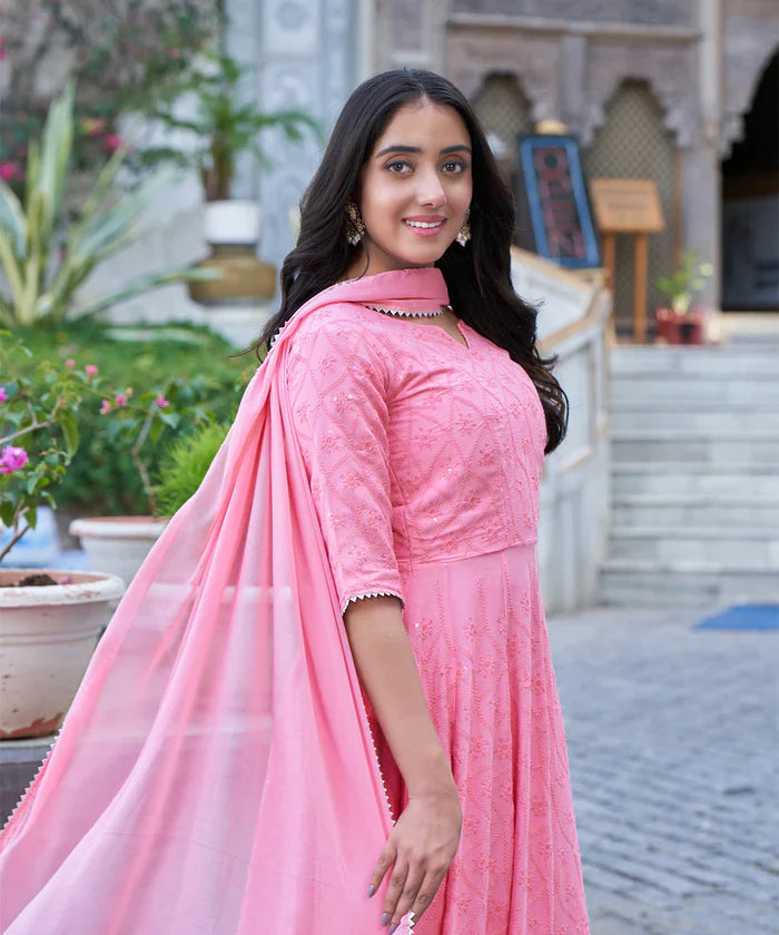 Rose Pink Chikankari Gown With Embroidery Work