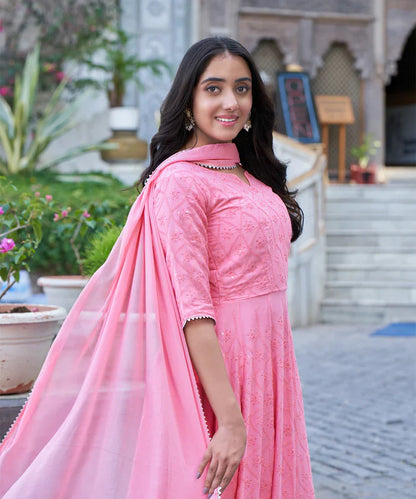 Rose Pink Chikankari Gown With Embroidery Work