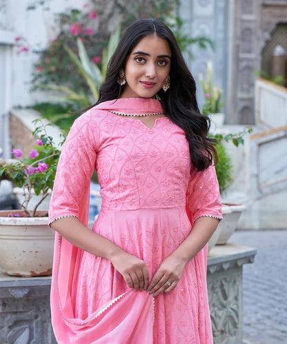 Rose Pink Chikankari Gown With Embroidery Work