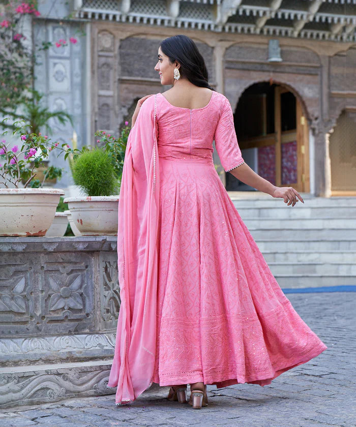 Rose Pink Chikankari Gown With Embroidery Work