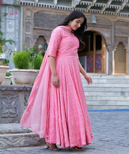 Rose Pink Chikankari Gown With Embroidery Work