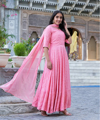 Rose Pink Chikankari Gown With Embroidery Work