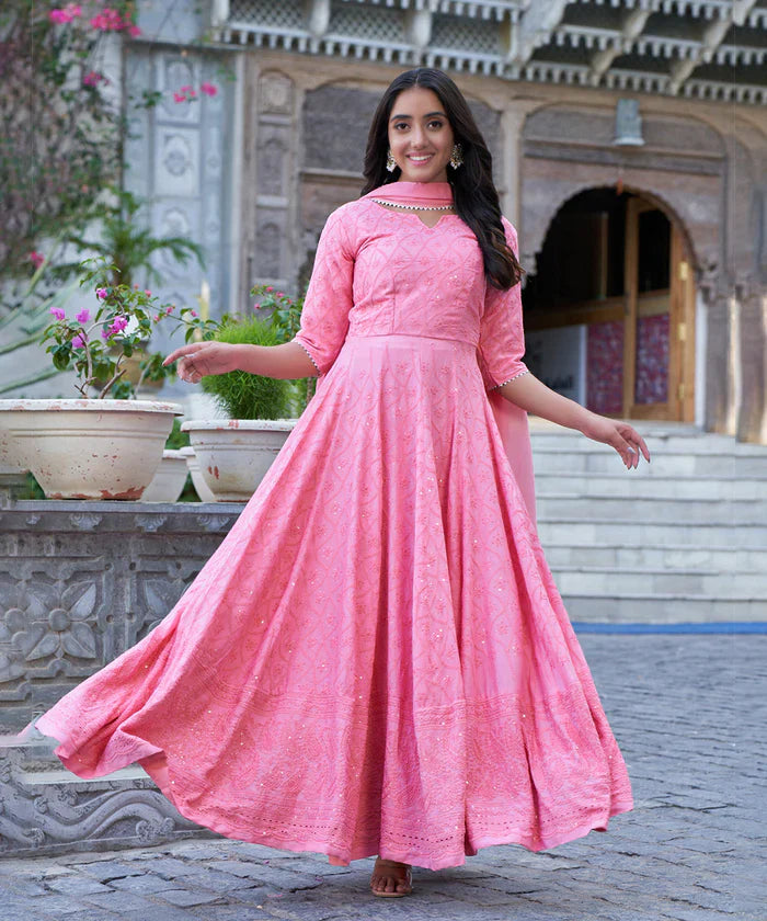 Rose Pink Chikankari Gown With Embroidery Work