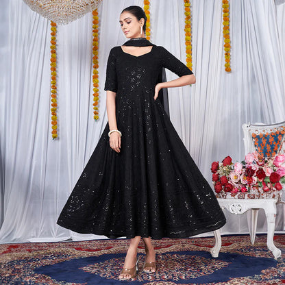 Black Viscose Rayon Chikankari Gown With Embroidery Work