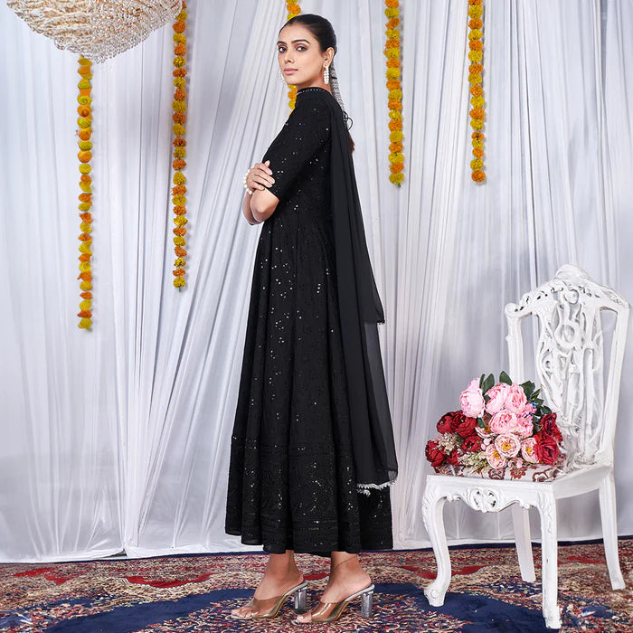 Black Viscose Rayon Chikankari Gown With Embroidery Work