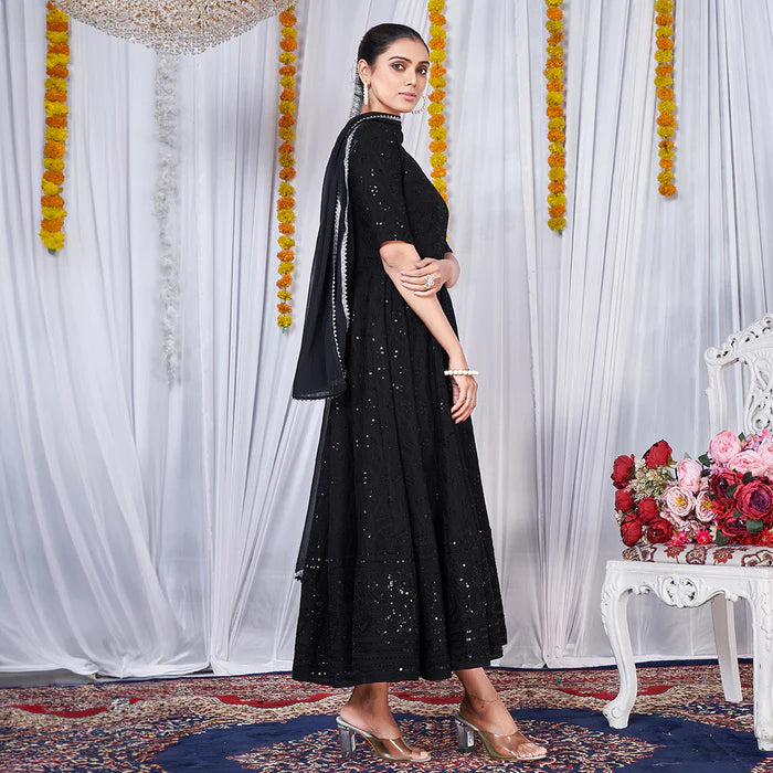 Black Viscose Rayon Chikankari Gown With Embroidery Work