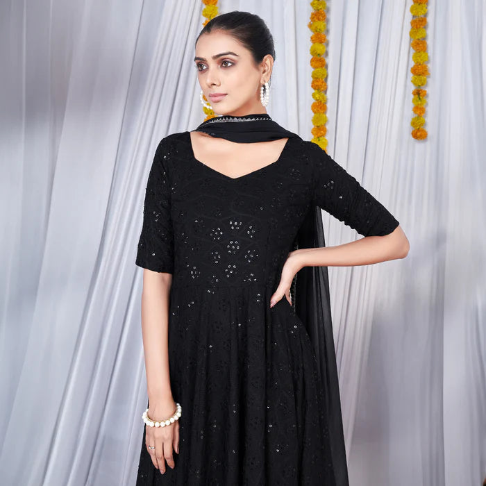 Black Viscose Rayon Chikankari Gown With Embroidery Work