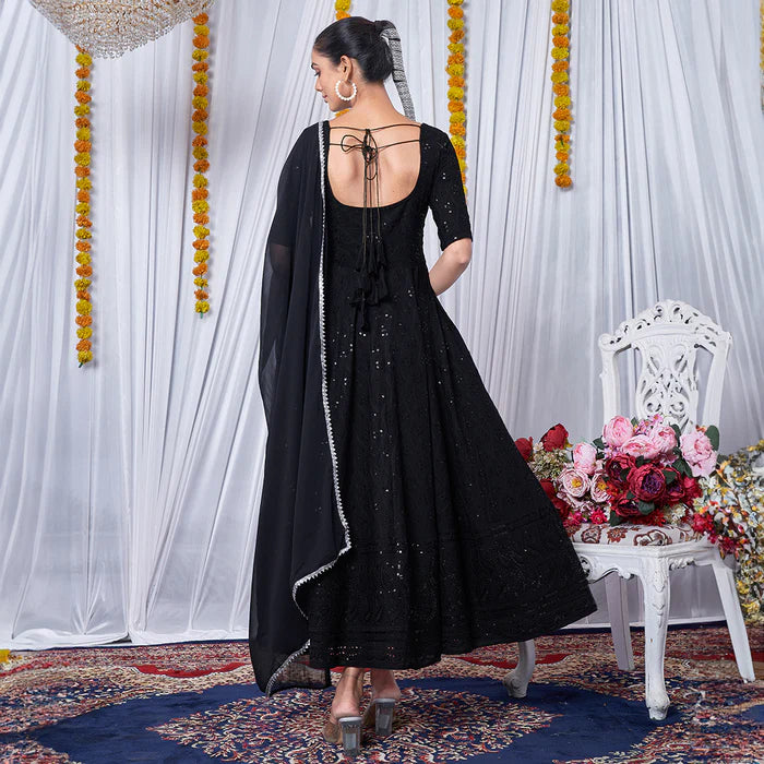 Black Viscose Rayon Chikankari Gown With Embroidery Work