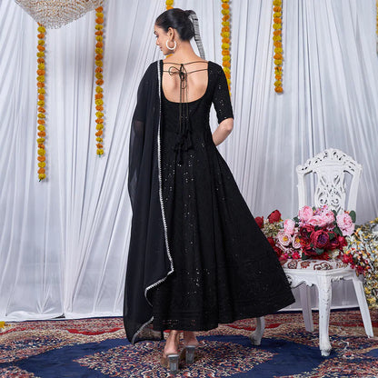 Black Viscose Rayon Chikankari Gown With Embroidery Work