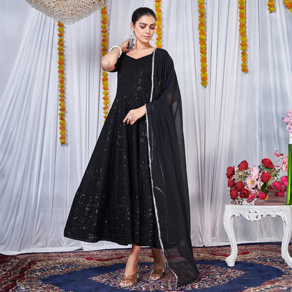 Black Viscose Rayon Chikankari Gown With Embroidery Work