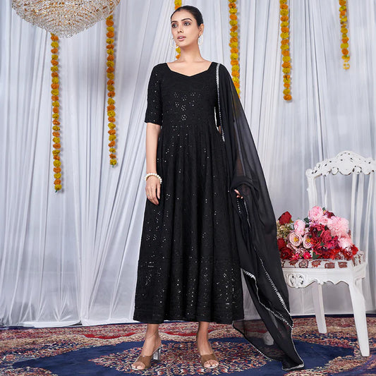 Black Viscose Rayon Chikankari Gown With Embroidery Work