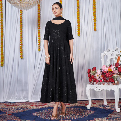 Black Viscose Rayon Chikankari Gown With Embroidery Work