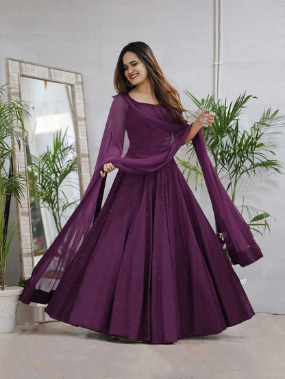 Purple Rayon Anarkali With Lucknowi Chikankari Work Gown