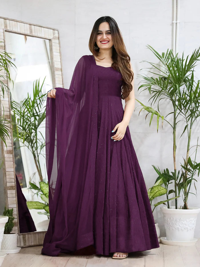 Purple Rayon Anarkali With Lucknowi Chikankari Work Gown