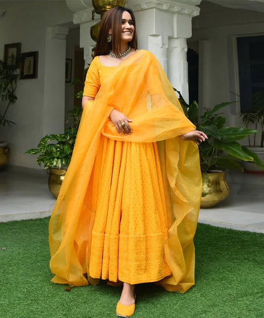 Yellow Designer Anarkali Gown In Cotton With Lucknowi Chikankari Embroidery Work