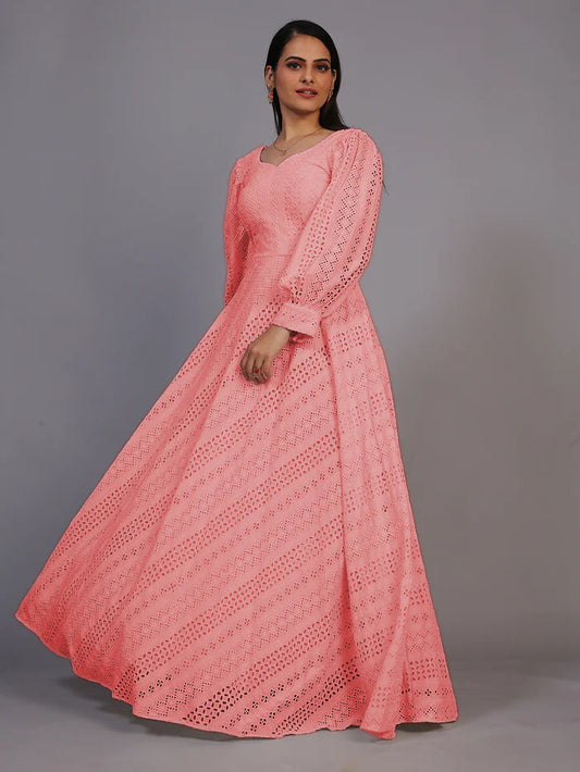 Peach Lucknowi Embroidered Floor Length Gown