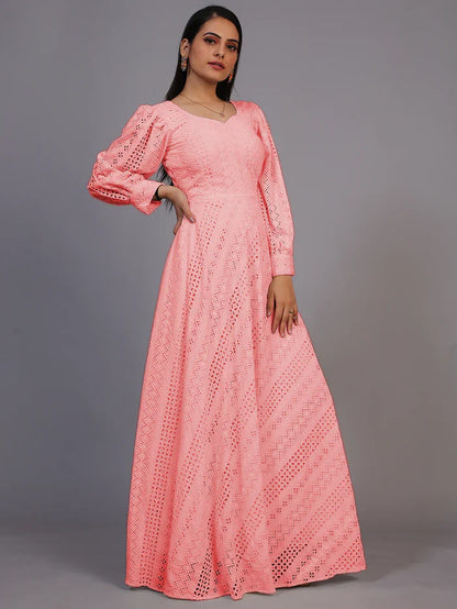Peach Lucknowi Embroidered Floor Length Gown