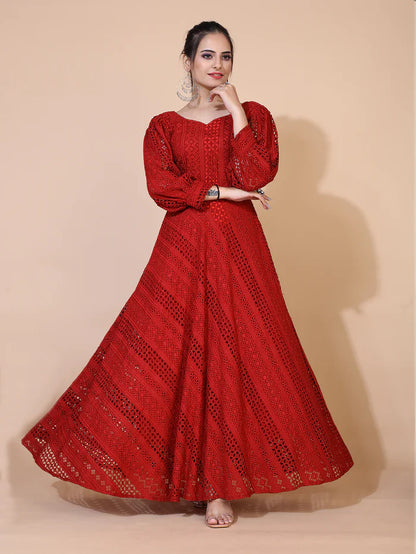 Maroon Lucknowi Embroidered Floor Length Gown