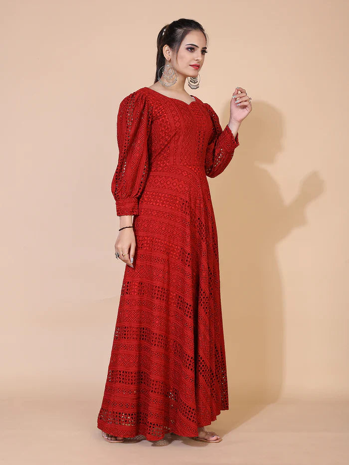 Maroon Lucknowi Embroidered Floor Length Gown